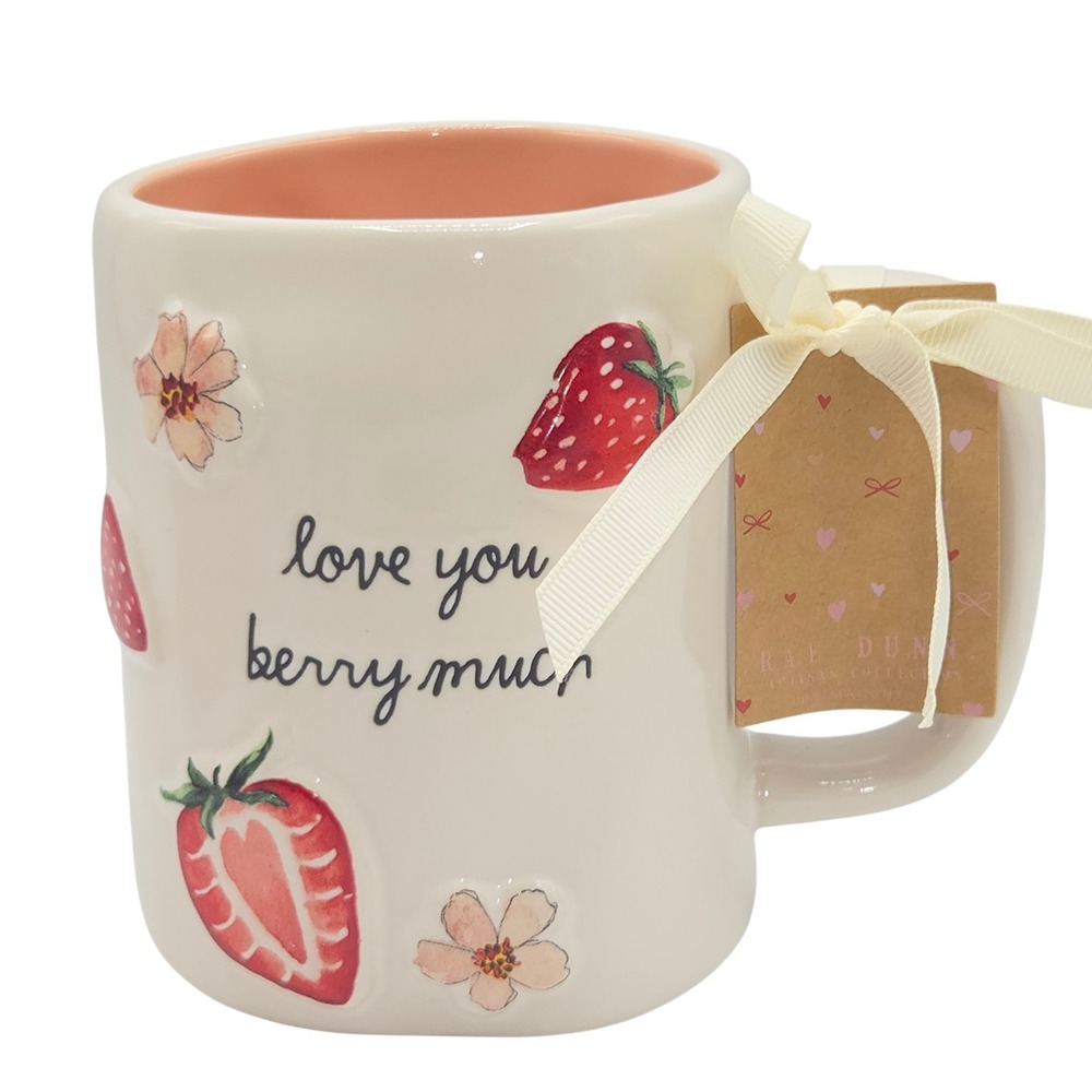 Rae Dunn Love You Berry Much Embossed Ceramic Coffee Mug White‎ Red Peach 16oz